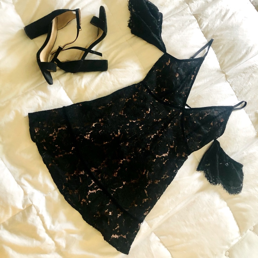 Tobi off-the-shoulder black lace skater dress